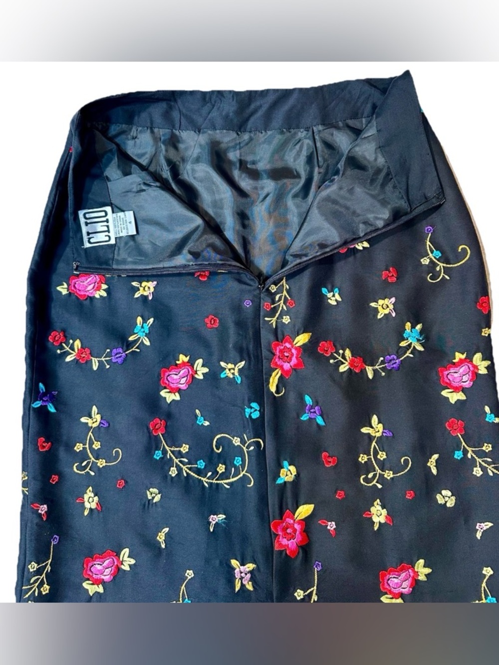 Vintage 90’s CLIO Silk Maxi Skirt 4 Black Floral Embroidered Fringe Whimsy Fairy - Picture 5 of 9